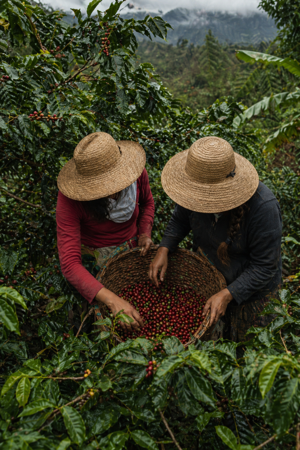 Hand-picking Colombian coffee cherries at the harvest